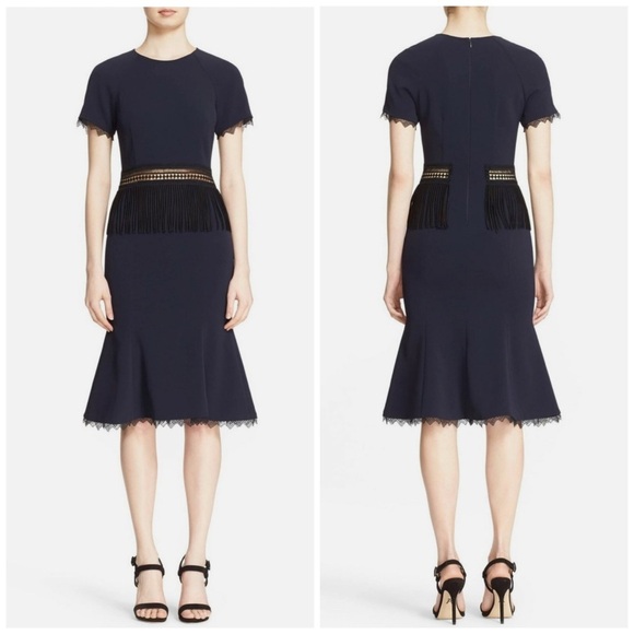 Jonathan Simkhai Navy Blue Black Crochet Fringe Fluted Dress Knee Length Size 2 - Picture 1 of 9